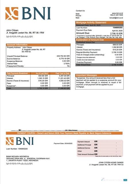 Download Indonesia Bank Negara Indonesia (BNI) mortgage statement Word and PDF template Photoshop template